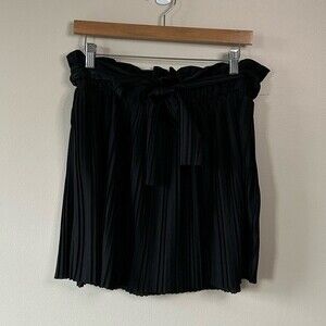Zara Black Satin Pleated Paperbag Waist Mini Skirt with Tie Belt Size Large